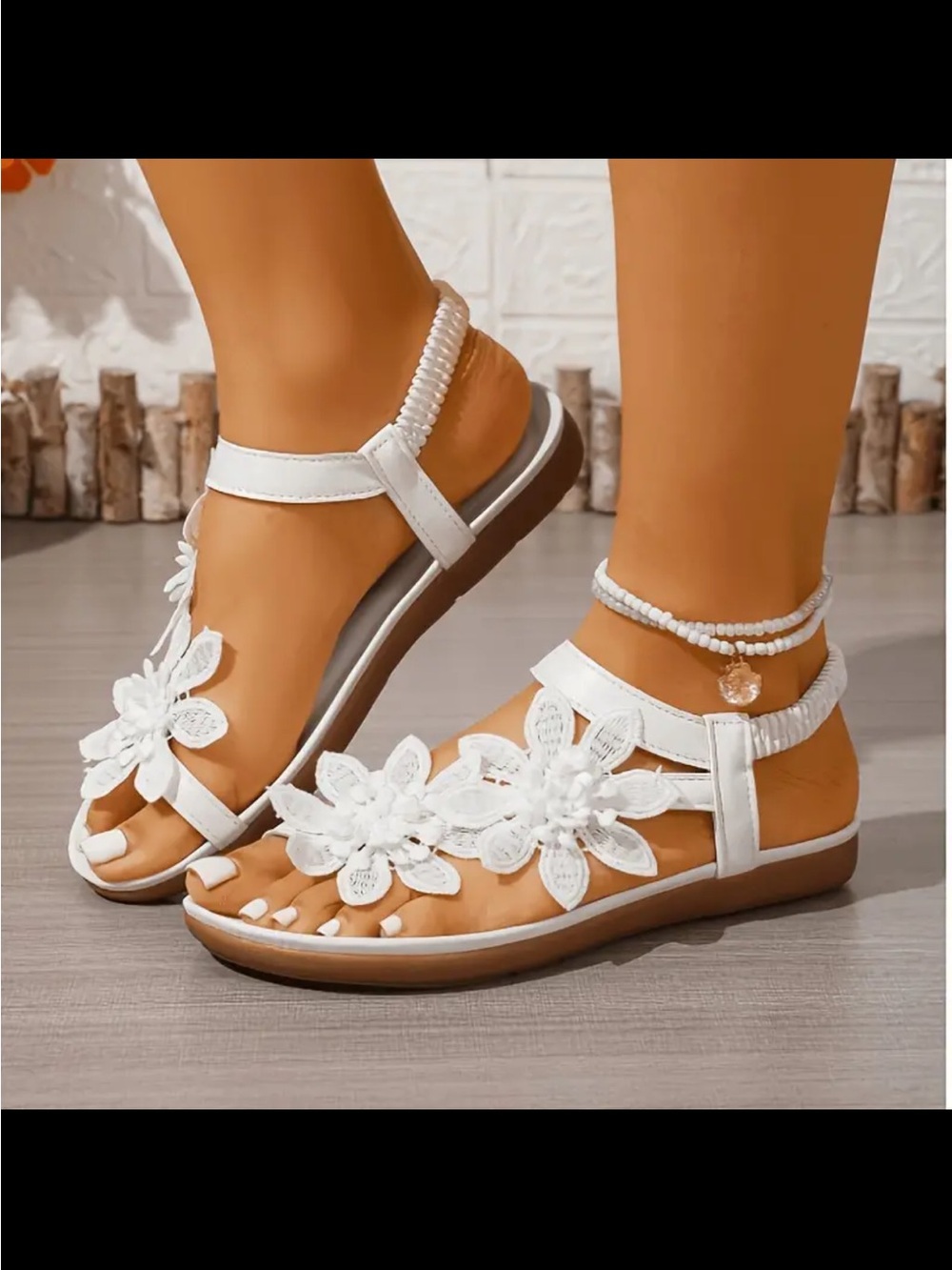 Women’s White Floral Ankle-Strap Sandals Sz 38